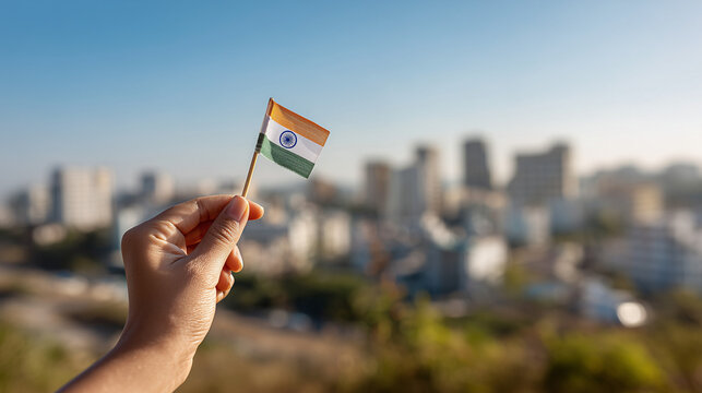  Hand holding Indian flag with blurred cityscape and sky for branding or message overlay.
