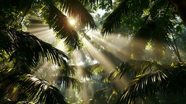 sunlight filtering through palm trees in tropical forest