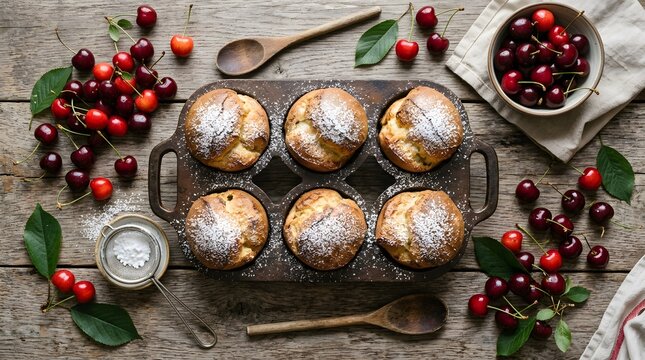 Freshly baked cherry popovers in a pan, homemade pastry with powdered sugar and cherries, perfect for cherry popover day