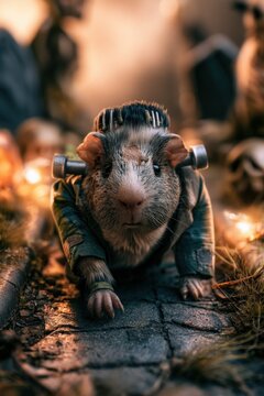 Monster Guinea Pig Crawling Through Halloween Graveyard