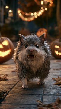 Werewolf Hamster Strolling Among Glowing Halloween Pumpkins