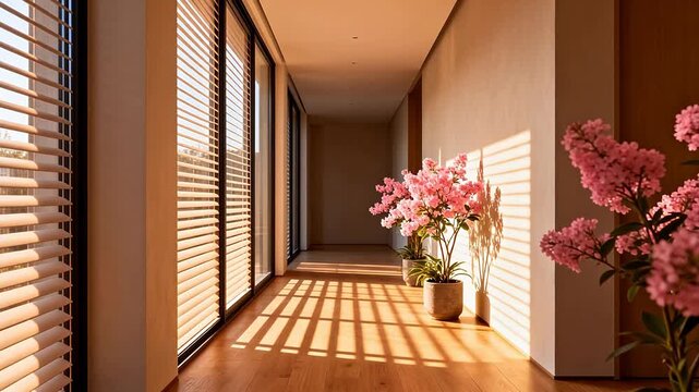Sunlit hallway with flowers and blinds