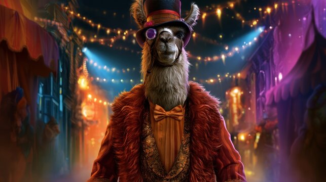 Dapper Llama Ringmaster at Colorful Halloween Carnival