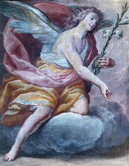 Fototapeta premium Crema - The fresco of Archangel Gabriel from Annunciation in the church Santuario di Santa Maria delle Grazie by Gian Giacomo Barbelli (1643).