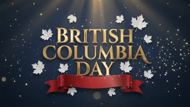 British Columbia Day Celebration Greeting with Golden Typography, Maple Leaves and Red Silk Ribbon