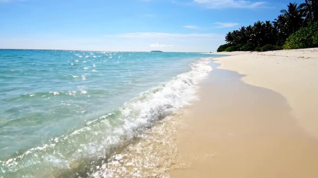 Sunny tropical beach with gentle waves and shoreline