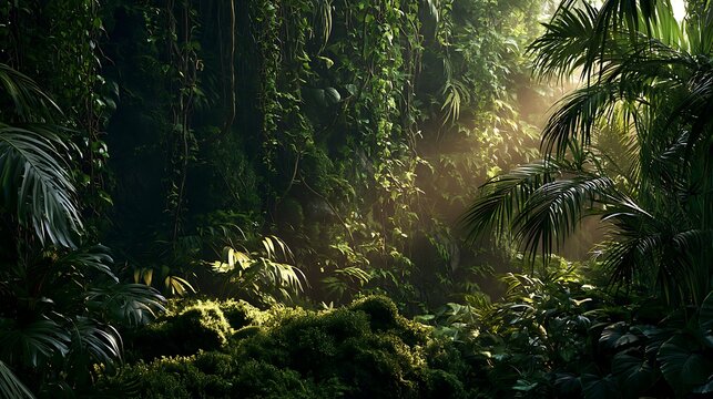 tropical rainforest with lush greenery and sunlight