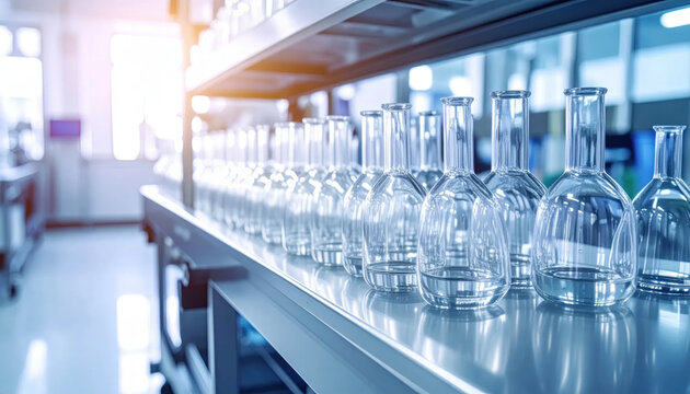 Row of clean laboratory flasks and beakers neatly arranged on shelves for scientific research and experimentation