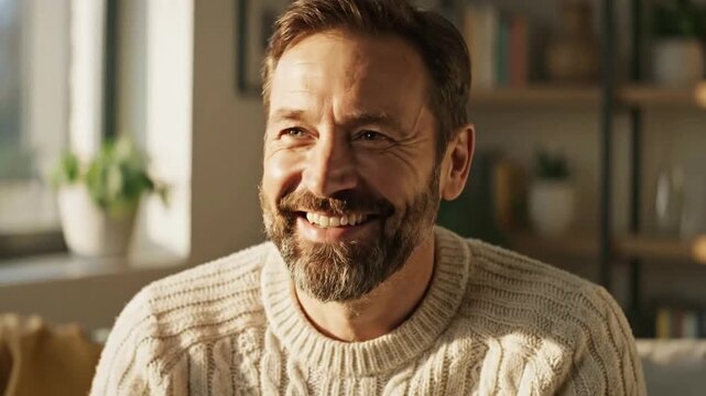 Happy Middle-Aged Man Smiling and Laughing in Cozy Living Room