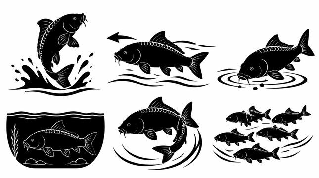 Set of Black Carp Fish Silhouettes in Various Dynamic Poses