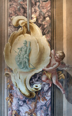 Fototapeta premium CREMA, ITALY - MARCH 20, 2026: The fresco of baroque angel with the saint the church Santuario di Santa Maria della Croce by brothers Giuseppe and Giovanni Antonio Torricell from year 1762