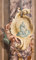 Fototapeta premium CREMA, ITALY - MARCH 20, 2026: The fresco of baroque angel with the saint the church Santuario di Santa Maria della Croce by brothers Giuseppe and Giovanni Antonio Torricell from year 1762