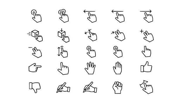 Minimal black and white hand icons pack with touch gestures user interface and navigation symbols vector isolated on white background
