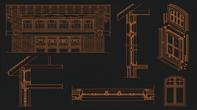 Detailed High Level Windows CAD Blueprint Vector Set Multi View Architectural Technical Drawing Orange Outline