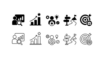 Fototapeta premium Business Performance and Strategy Icon Set in Silhouette and Outline Styles