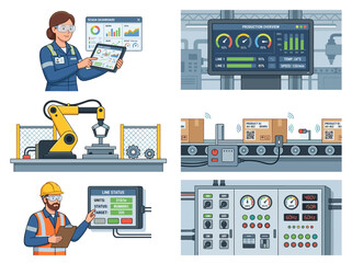 Naklejka premium Factory technician reviewing SCADA production dashboard with automated industrial machinery, vector clipart set