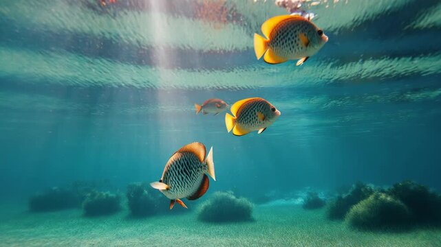 Tropical fish swimming in clear blue ocean water, bright sunbeam illuminating sandy seabed with green seagrass, marine wildlife gliding through radiant aquatic environment.