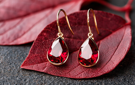 Gold dangle earrings with ruby gemstone drops rest on vibrant crimson autumn leaves. Luxury jewelry accessory sparkles on dark background.