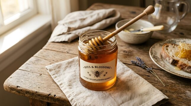 Jar of organic honey with wooden dipper, sweet golden nectar for healthy breakfast food, perfect for national honey month