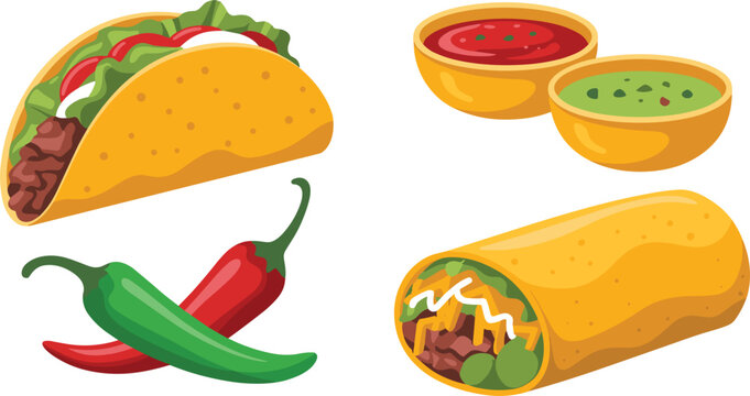 Traditional Mexican food vector set with delicious beef taco wrapped burrito chili peppers and spicy dipping salsa bowls