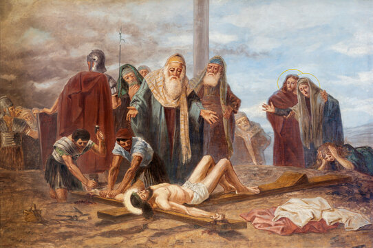 MONZA, ITALY - MARCH 19, 2026: The painting of Jesus is nailed to the cross (cross was station) the church Chiesa di San Carlo by Giovanni Battista Briani 