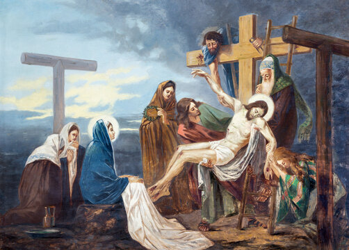 MONZA, ITALY - MARCH 19, 2026: The painting of Deposition from the cross (cross was station) the church Chiesa di San Carlo by Giovanni Battista Briani 