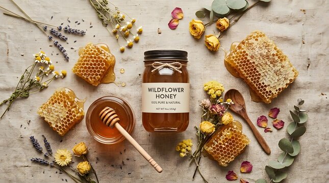 Jar of wildflower honey with honeycomb, organic sweet nectar with wooden dipper on linen, perfect for national honey month