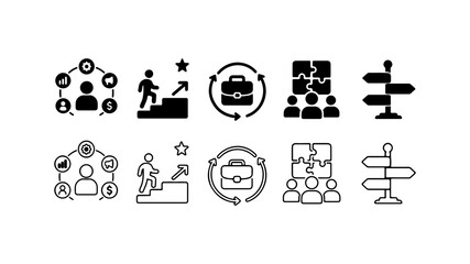 Fototapeta premium Business and Management Strategy Icon Set in Silhouette and Line Art Style