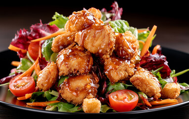 Fototapeta premium Crispy fried chicken salad served in dark bowl. Fresh mix greens lettuce with juicy cherry tomatoes crunchy carrot strips, golden croutons.