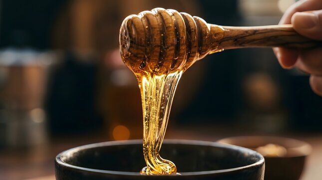 Honey dripping from a wooden dipper, golden syrup pouring into a dark ceramic bowl, perfect for national honey month