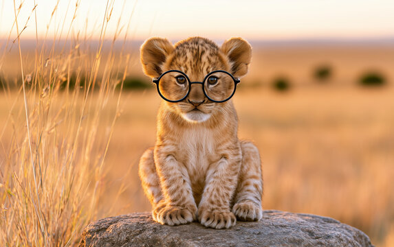 Small lion cub wears round glasses sitting on rock in African savanna. Cute baby predator animal looks smart in wild grass field during sunset.