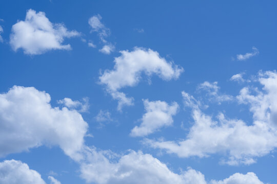 Blue Sky Background, Soft White Clouds, Clear Summer Weather And Bright Daylight, Natural Cloudscape For Nature, Environment, Spring Season, Outdoor Scenery, Atmosphere , Cloudy Sunny Morning
