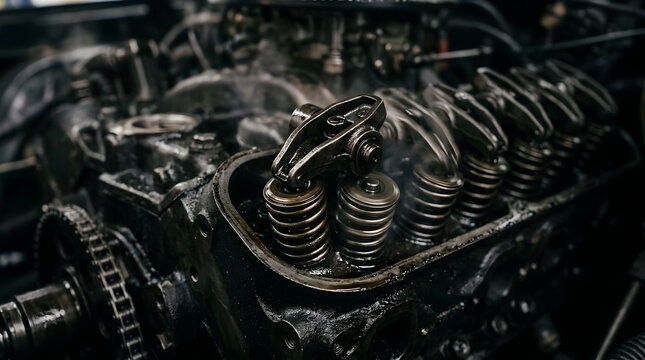 Detailed close-up view of a classic car engine featuring mechanical valves, springs, and internal components