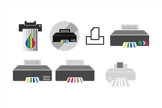 Printer Icon Vector for web, outline silhouette printer icon set isolated on white background, Sleek modern grey printer with active paper printing, visible ink cartridges in blue, red, and black, in 