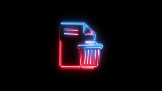 Neon delete file icon. Glowing digital document removal symbol for user interface design.