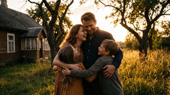 Happy loving family embracing and laughing together in a rural countryside field during golden hour sunset