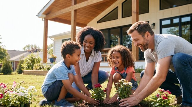 Happy diverse multiethnic family smiling and gardening together in the backyard of a modern suburban house