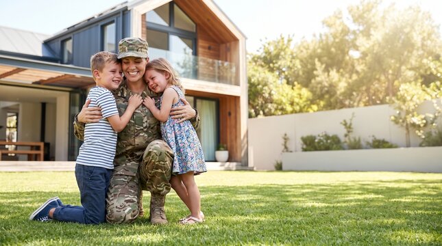 Proud female military soldier kneeling on grass and hugging her small children during a happy homecoming reunion