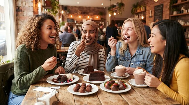 Diverse group of happy young women laughing and sharing chocolate cake and coffee at a rustic cafe table during a social weekend brunch gathering