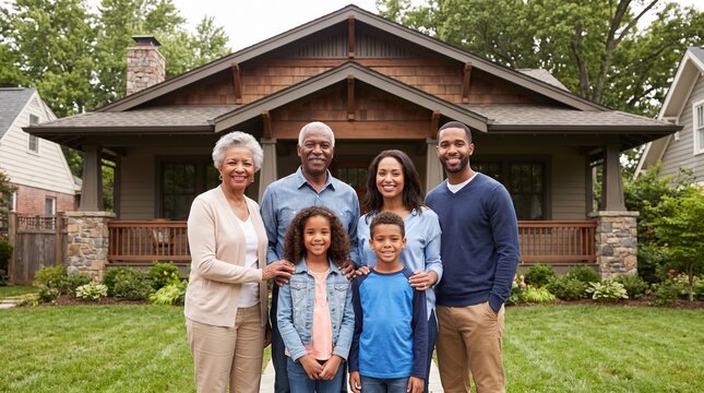 Happy multigenerational African American family smiling together outside their beautiful suburban home