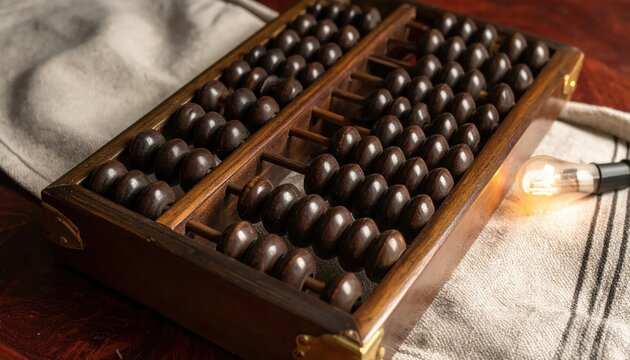 Antique Wooden Abacus with Dark Brown Beads for Traditional Calculation