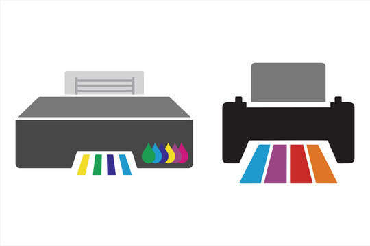 Printer Icon Vector for web, outline silhouette printer icon set isolated on white background, Sleek modern grey printer with active paper printing, visible ink cartridges in blue, red, and black, in 