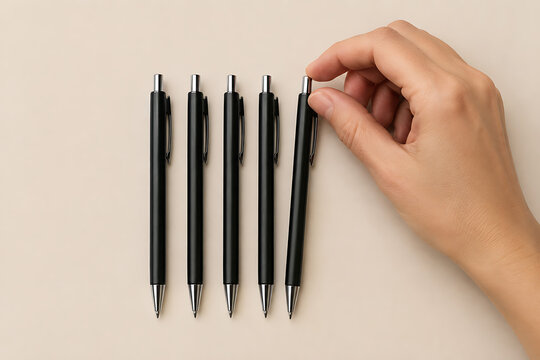 Hand adjusting misaligned pen in repetitive arrangement, compulsive behavior concept