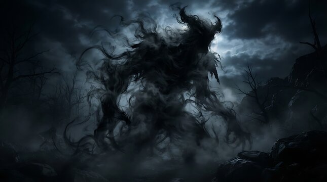A menacing dark shadowy monster with horns materializes from thick swirling mist on a desolate landscape under a stormy, ominous sky, evoking supernatural dread