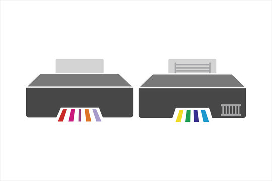Printer Icon Vector for web, outline silhouette printer icon set isolated on white background, Sleek modern grey printer with active paper printing, visible ink cartridges in blue, red, and black, in 