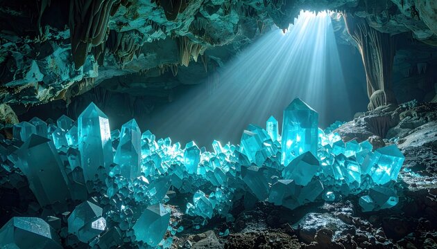 Vibrant Turquoise Crystals Illuminated by Sunbeams in a Mysterious Cave Formation
