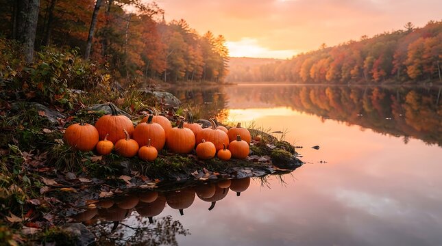 Autumn pumpkins on a lake shore reflecting golden hour sunset and fall foliage, creating a beautiful and peaceful seasonal scene