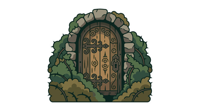 Mysterious wooden door surrounded by stone arch and bushes