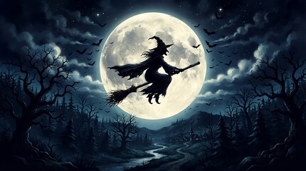Fototapeta premium Spooky silhouette of a witch flying on her broomstick across a full moonlit sky, with bare trees and a river below, evoking a classic Halloween atmosphere