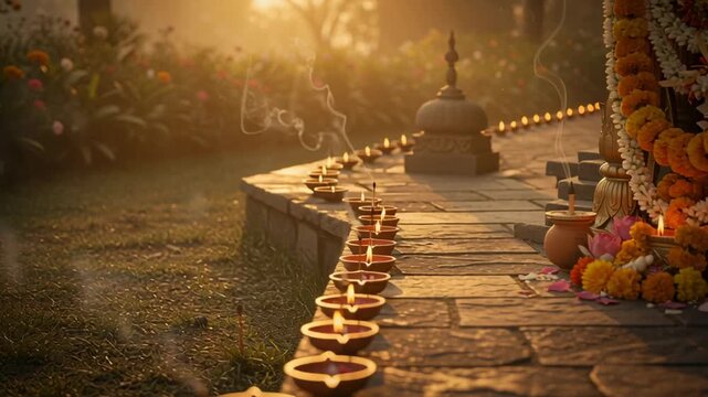 Glowing clay lamps and floral garlands line stone pathway during Indian spiritual ceremony